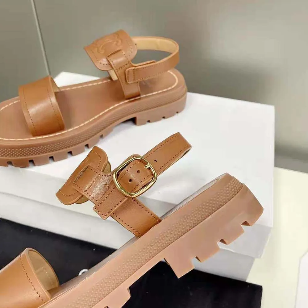 Celine Clea Triomphe Sandal in Vegetal Calfskin for Women in Brown Celine Clea Triomphe Sandal in Vegetal Calfskin for Women in Brown