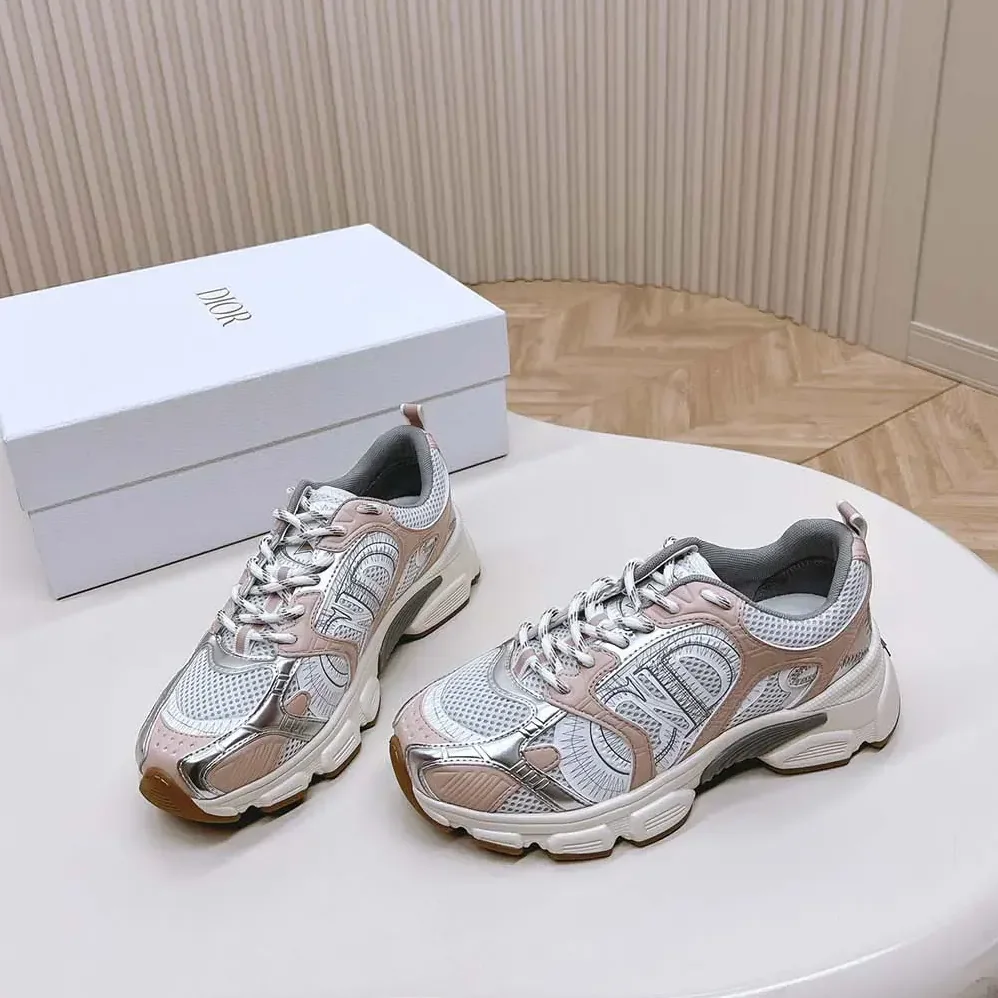 Dior Chrono Sneaker White Mesh with Nude and Silver-Tone Laminated Leather for Women in Effect Panels