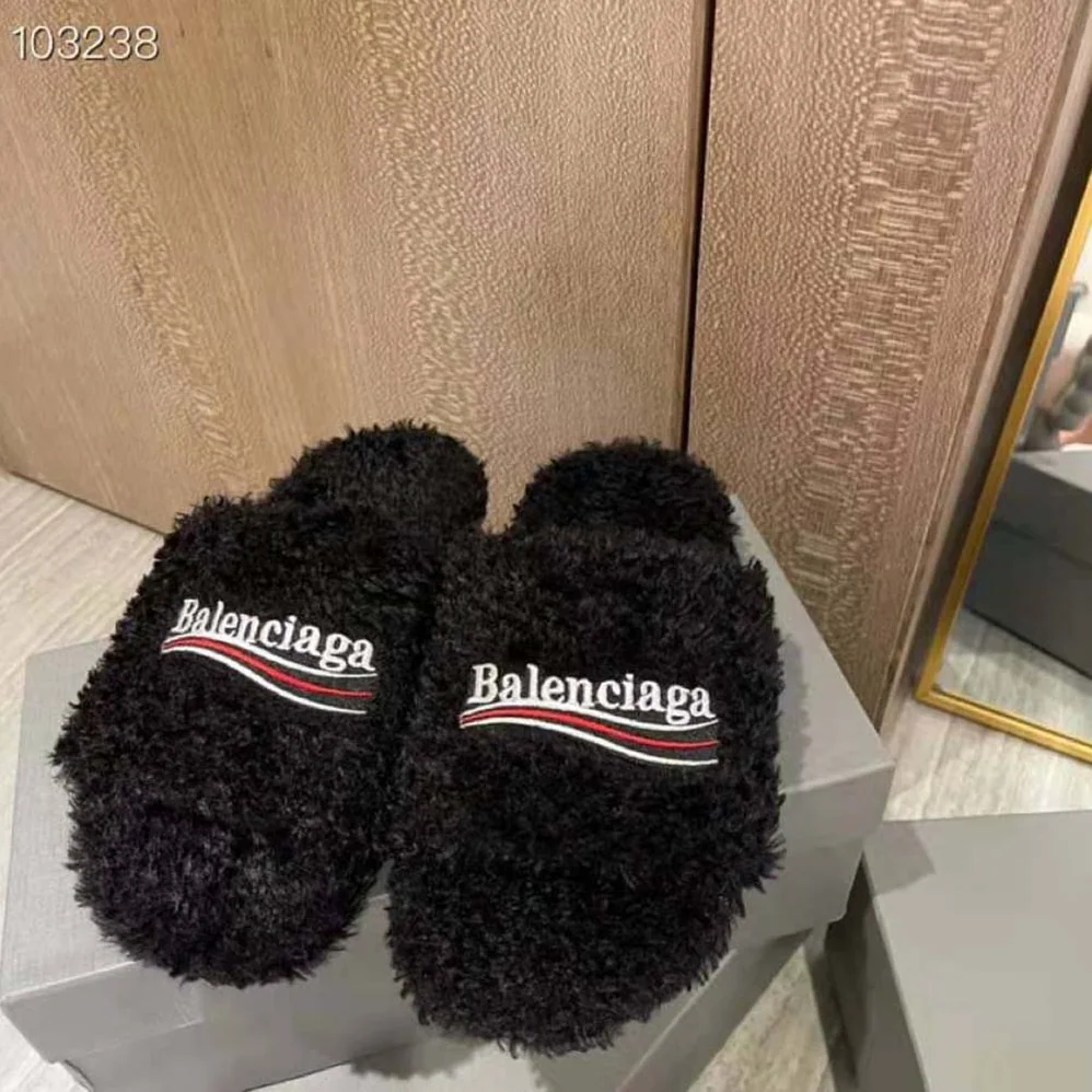 Balenciaga Furry Slide Sandal in Black Fake Shearling white Political Campaign Embroideries for Women
