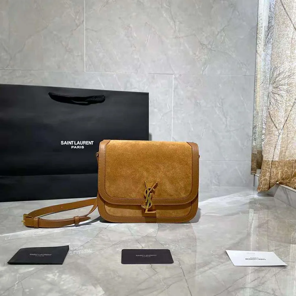 Saint Laurent YSL Solferino Medium Soft Satchel in Bsuede and Smooth Leather for Women in Brown