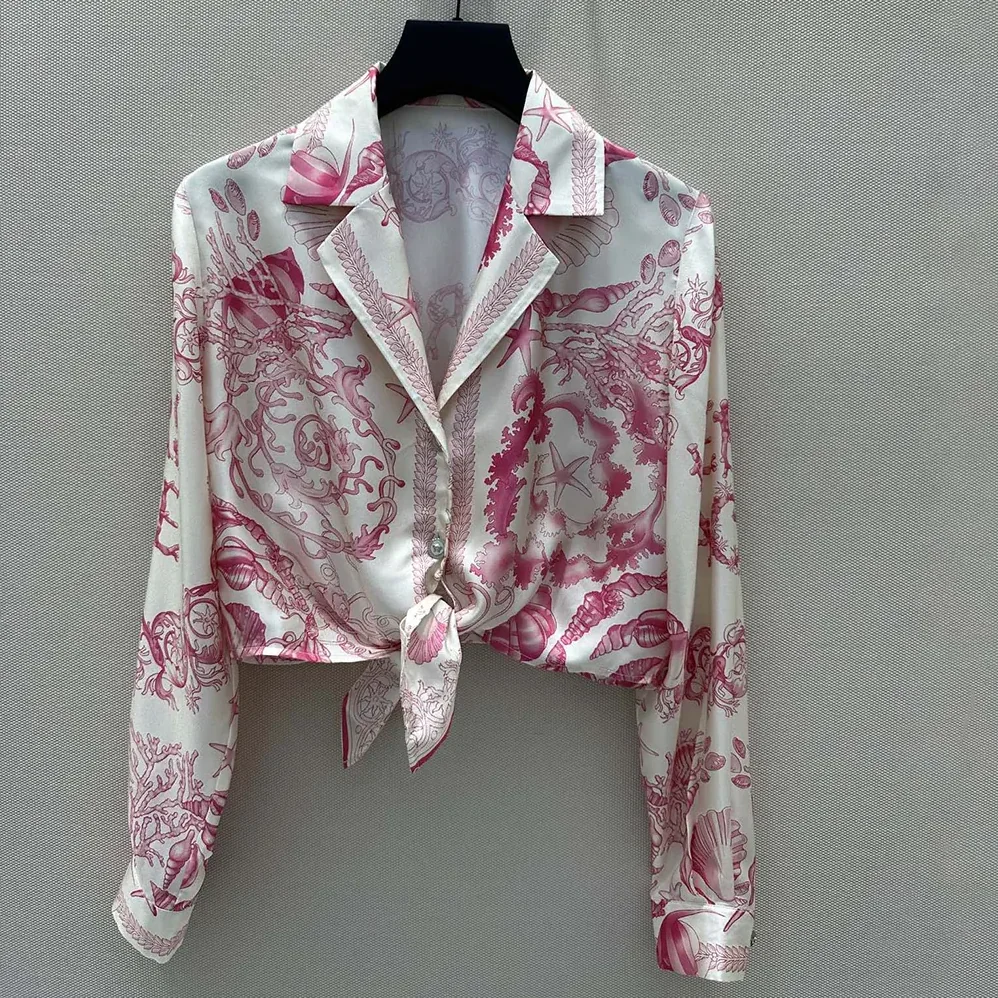 Versace Underwater Barocco Knotted Crop Silk Shirt for Women Versace Underwater Barocco Knotted Crop Silk Shirt for Women