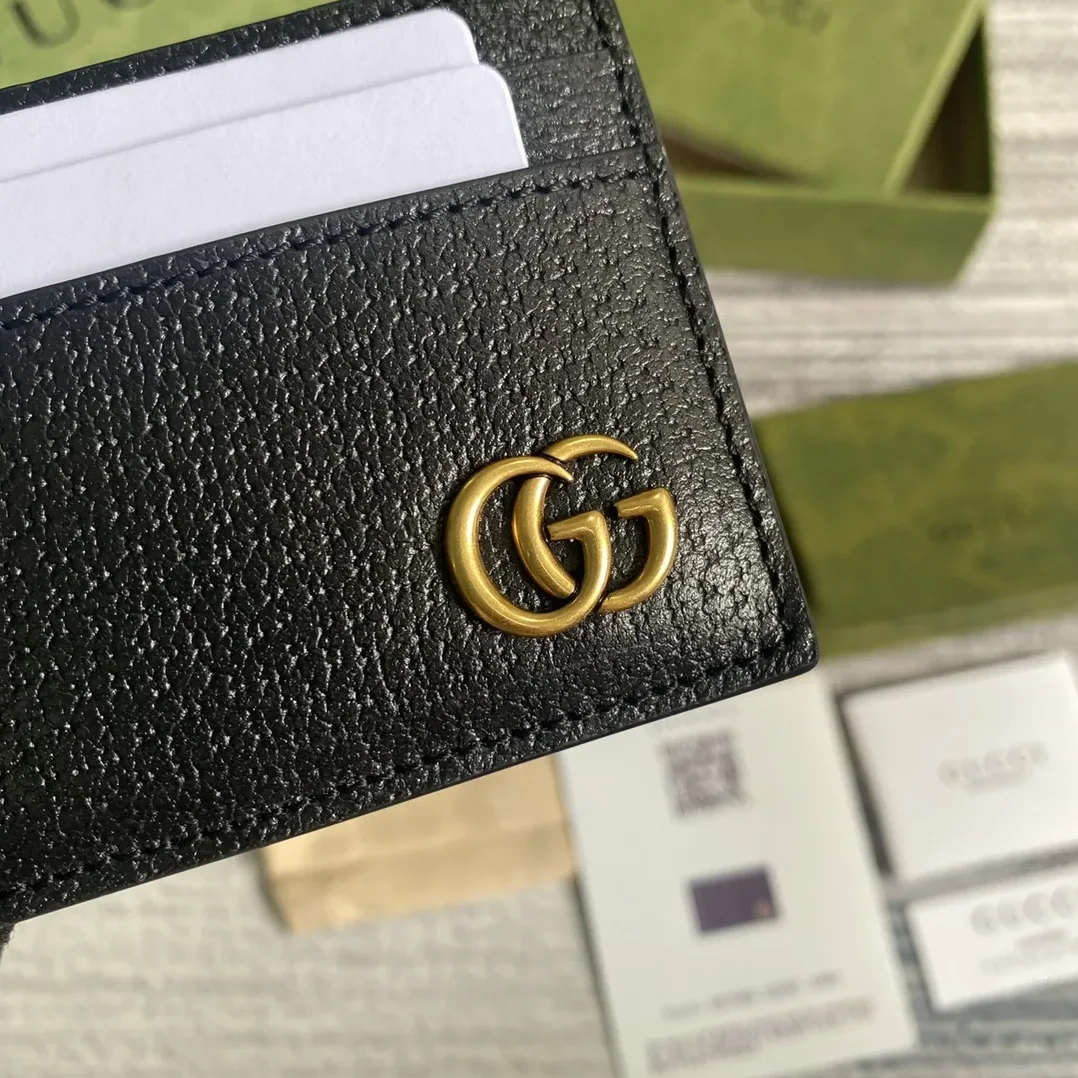 Gucci GG Marmont Card Case Black Gold Toned Hardware /