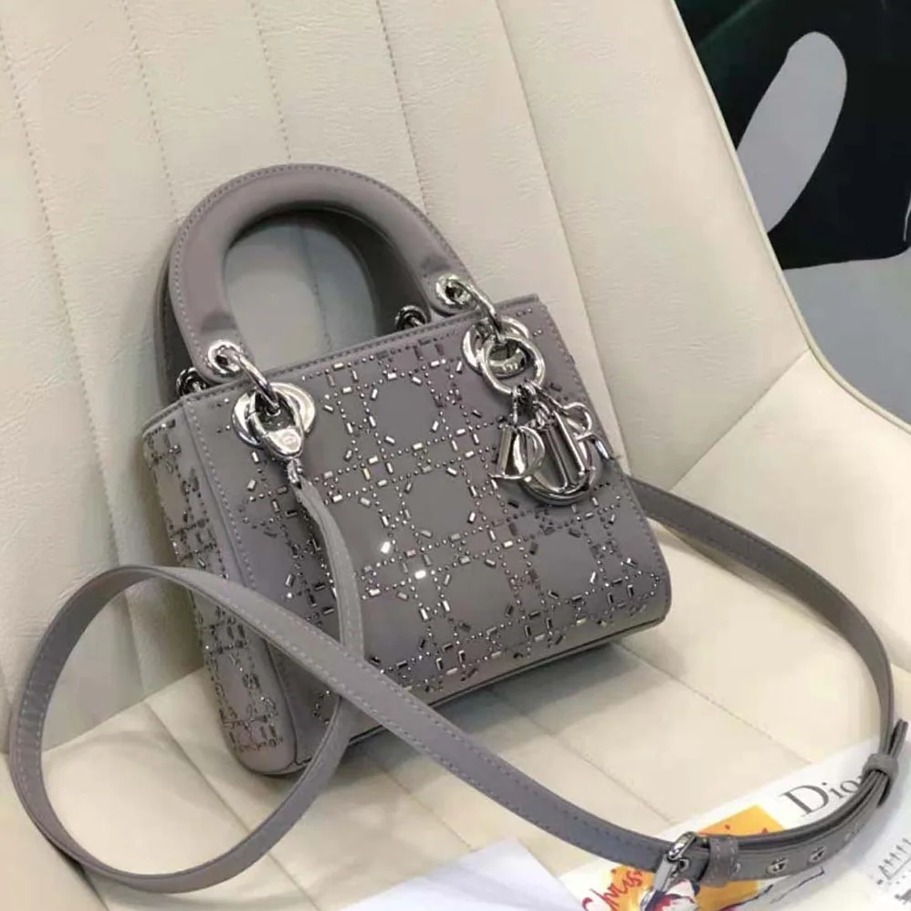 Dior Mini Lady Dior Bag Gray Strass Cannage Satin for Women