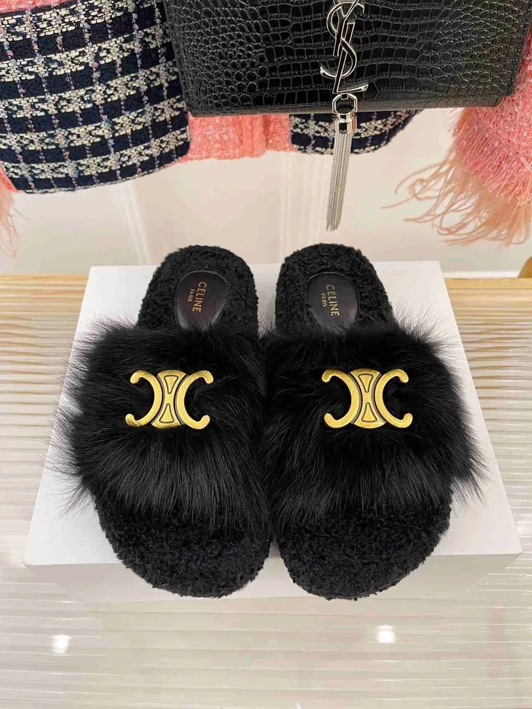 Celine Clea Triomphe Slide With Fur Black Celine Clea Triomphe Slide With Fur Black