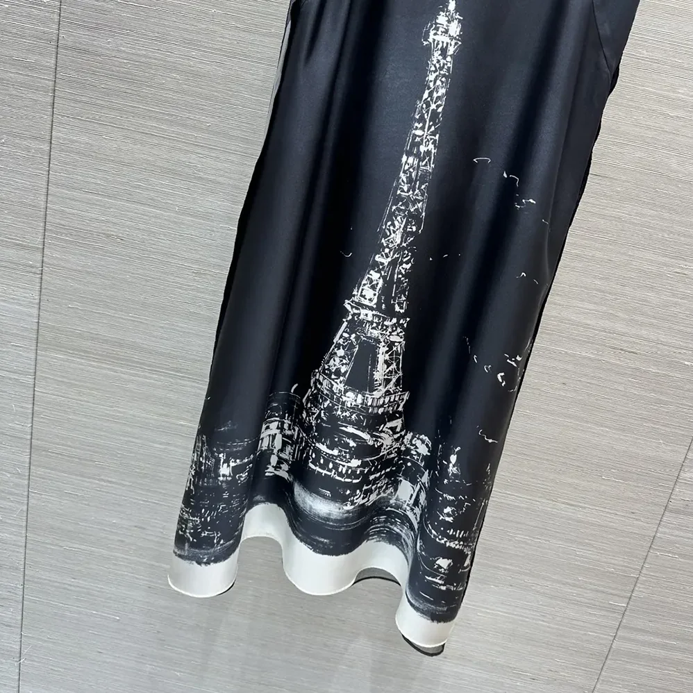 Dior A-Line Mid-Length Dress Black and White Silk Twill with Paris Motif for Women Dior A-Line Mid-Length Dress Black and White Silk Twill with Paris Motif for Women