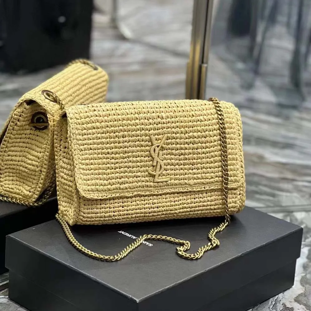 Saint Laurent YSL Kate Medium Supple Chain Bag in Raffia for Women in Natural Saint Laurent YSL Kate Medium Supple Chain Bag in Raffia for Women in Natural