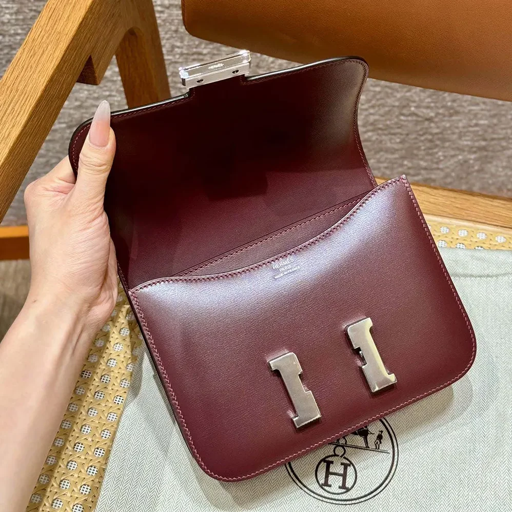 Hermes Constance 24 Bag Box Leather for Women in Maroon/Silver Hermes Constance 24 Bag Box Leather for Women in Maroon/Silver