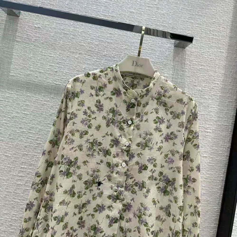 Dior Long Blouse Multicolor Cotton Voile with Violets Motif for Women Dior Long Blouse Multicolor Cotton Voile with Violets Motif for Women