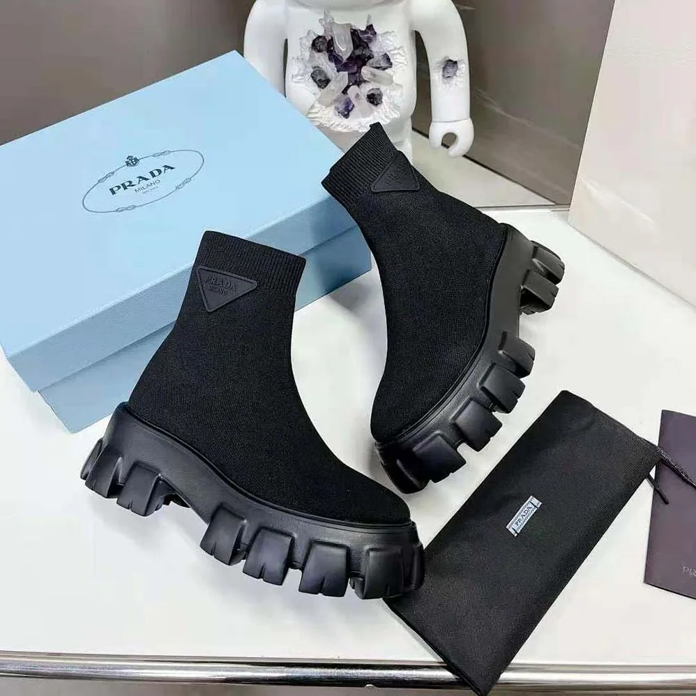 Prada Monolith Knit Booties with Embossed Rubber Triangle Logo for Women Prada Monolith Knit Booties with Embossed Rubber Triangle Logo for Women