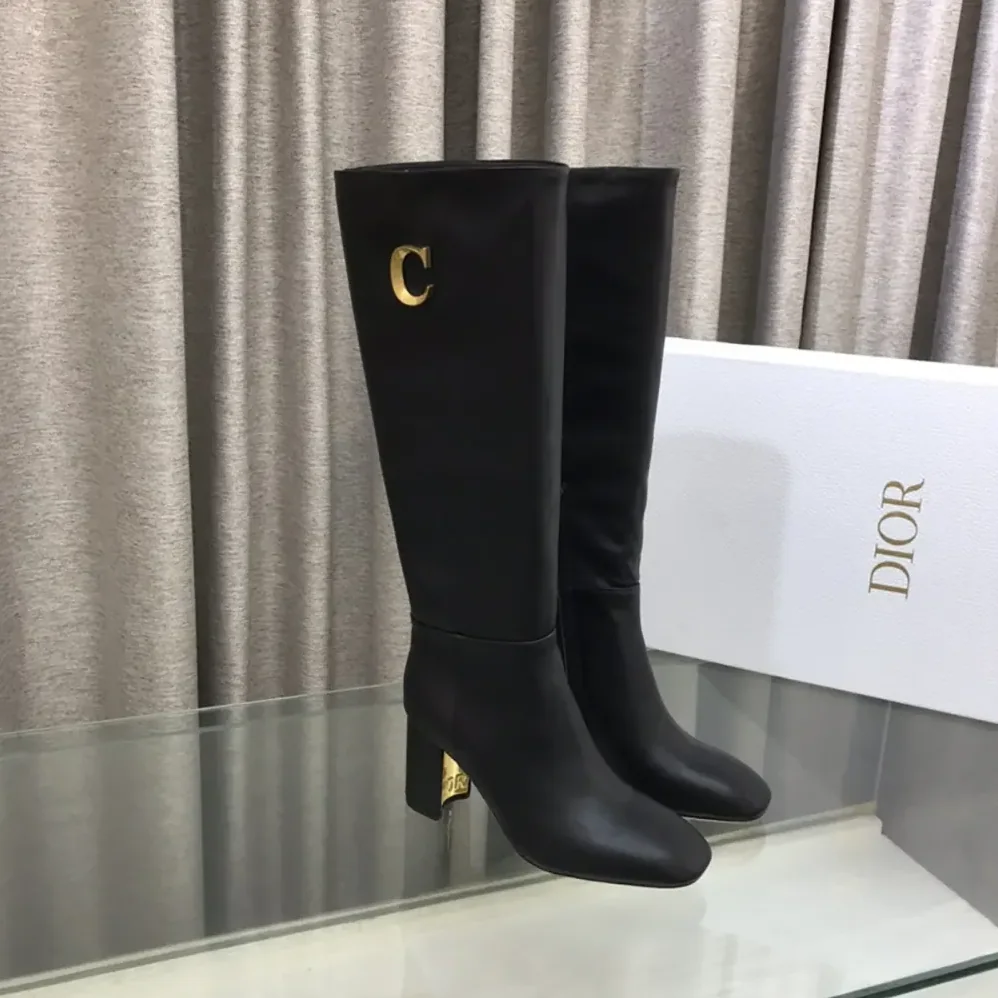 Dior Logo Knee-High Boot in Black Calfskin with Gold for Women in Tone Accents Dior Logo Knee-High Boot in Black Calfskin with Gold for Women in Tone Accents