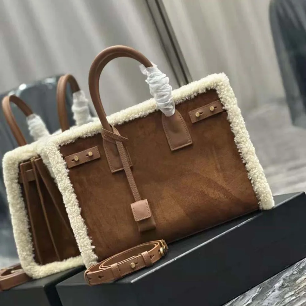 Saint Laurent YSL Sac De Jour Thin Large in Shearling and Suede for Men in Brown