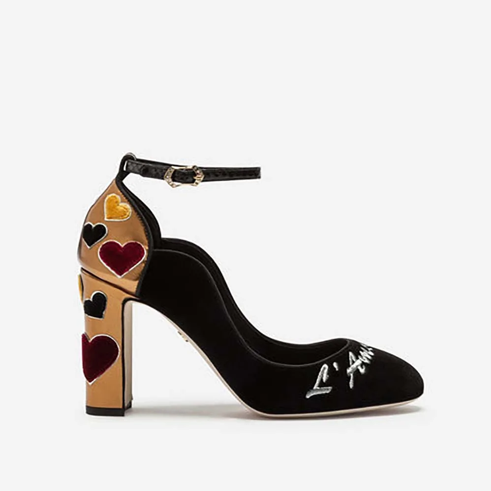 Dolce Gabbana D&G Shoes Velvet Pumps with Strap and Embroidery 90mm Heel for Women