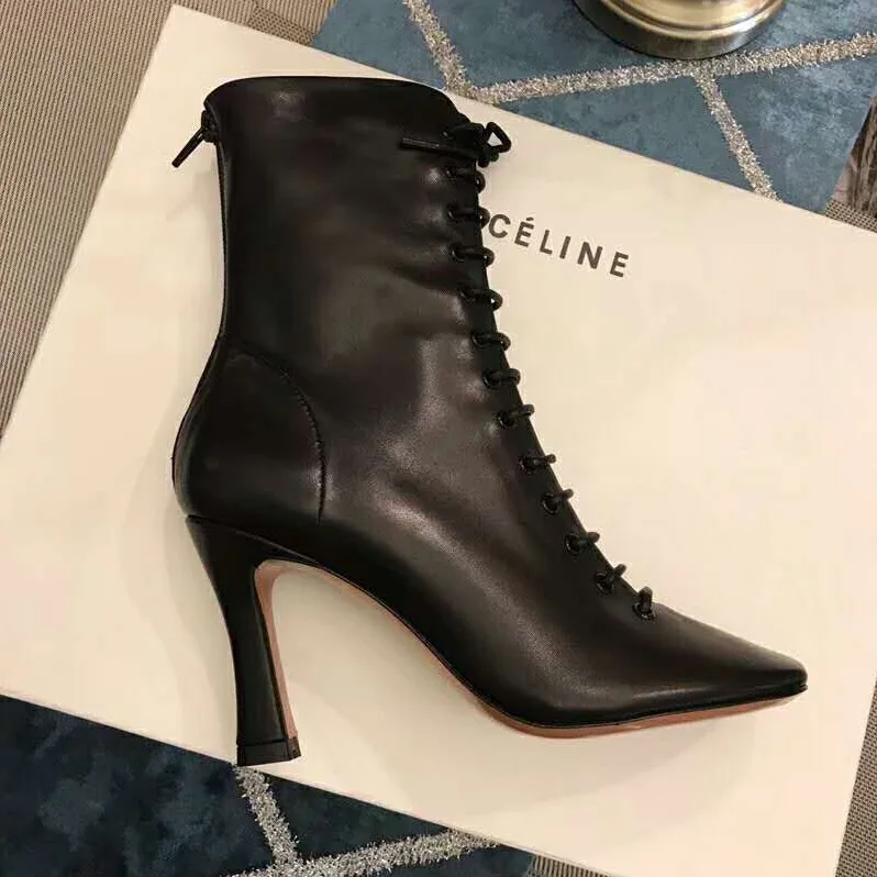 Celine Shoes Glove Bootie Laced Ankle Boot In Nappa Lambskin 90mm Heel for Women in Black Celine Shoes Glove Bootie Laced Ankle Boot In Nappa Lambskin 90mm Heel for Women in Black