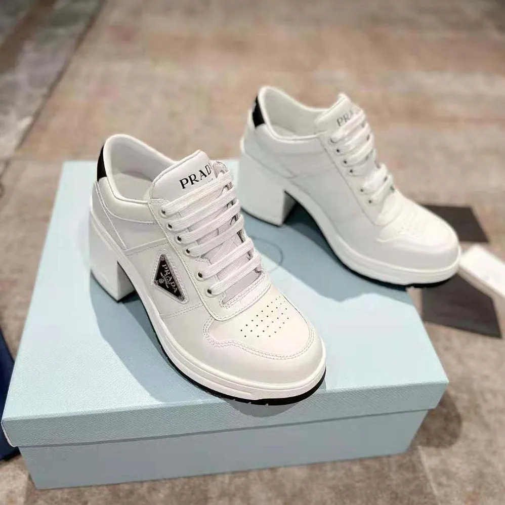 Prada Downtown High-Heeled Leather Sneakers for Women in White Prada Downtown High-Heeled Leather Sneakers for Women in White