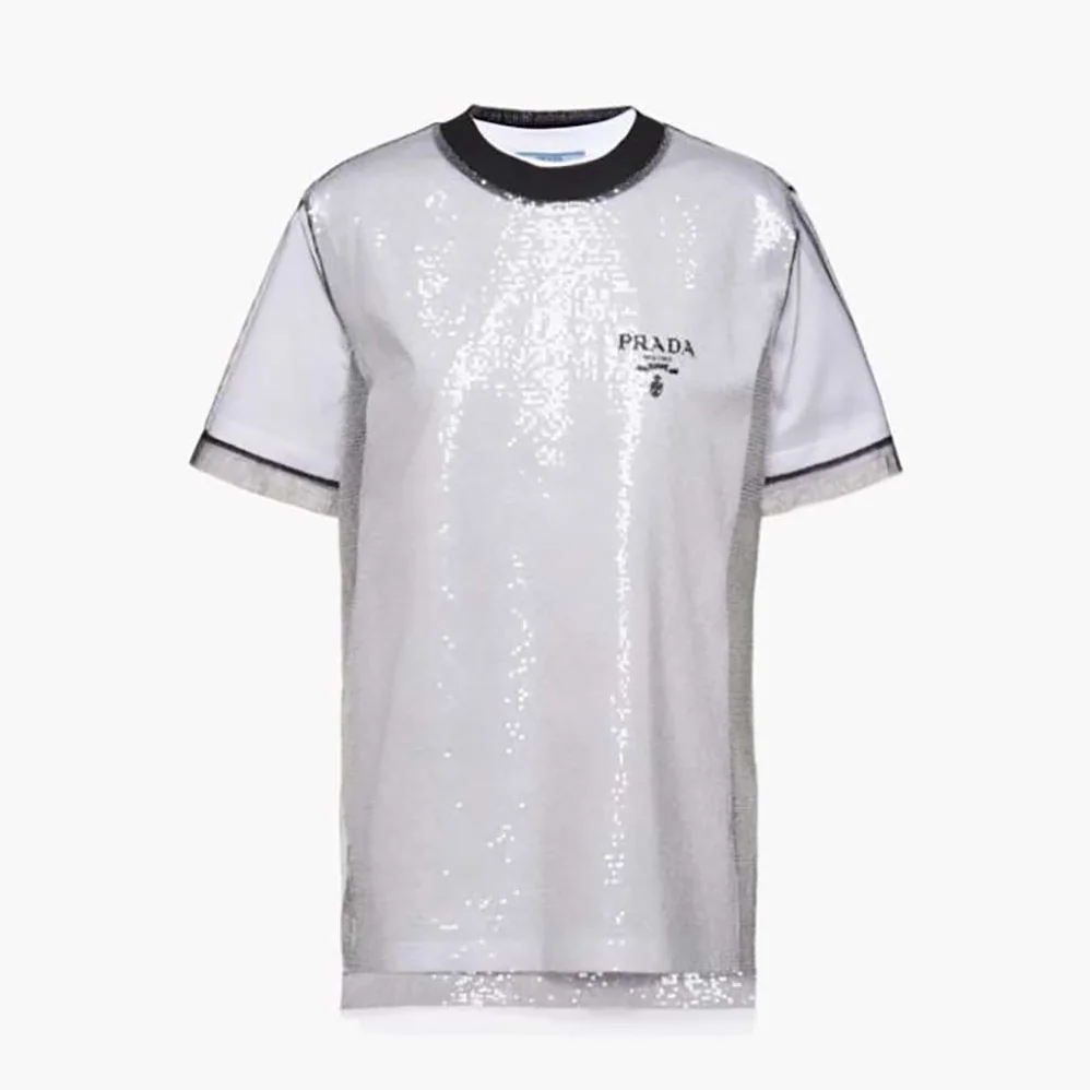 Prada Sequin-Embroidered Tulle and Jersey T-shirt for Women in Black Prada Sequin-Embroidered Tulle and Jersey T-shirt for Women in Black