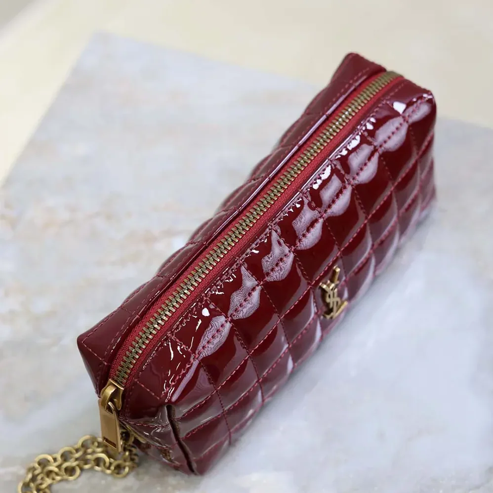 Saint Laurent YSL Cassandre Matelassé Carré Pouch On Chain In Shiny Canvas for Women in Msroon Saint Laurent YSL Cassandre Matelassé Carré Pouch On Chain In Shiny Canvas for Women in Msroon