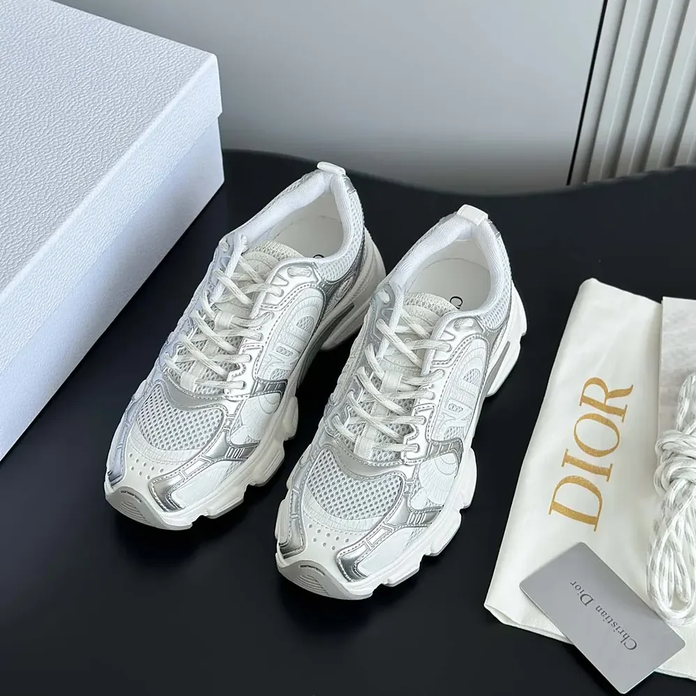Dior Chrono Sneaker White Mesh with Silver-Tone and White Laminated Leather for Unisex in Effect Inserts