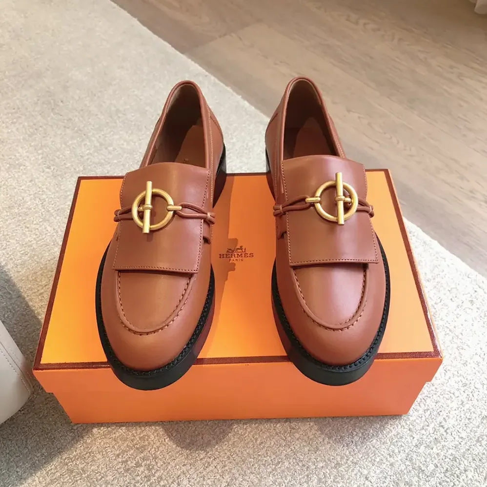Hermes Impact Loafer in Calfskin Leather-Brown 241143Z for Women