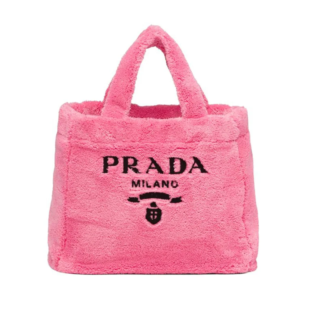 Prada Enameled Metal Triangle Logo Terry Tote Bag for Women in Pink Prada Enameled Metal Triangle Logo Terry Tote Bag for Women in Pink