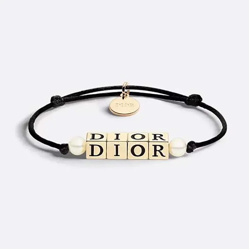 Dior D-Dice Bracelet Black Cotton and Lacquer with Gold-Finish Metal and White Resin Pearls for Women Dior D-Dice Bracelet Black Cotton and Lacquer with Gold-Finish Metal and White Resin Pearls for Women