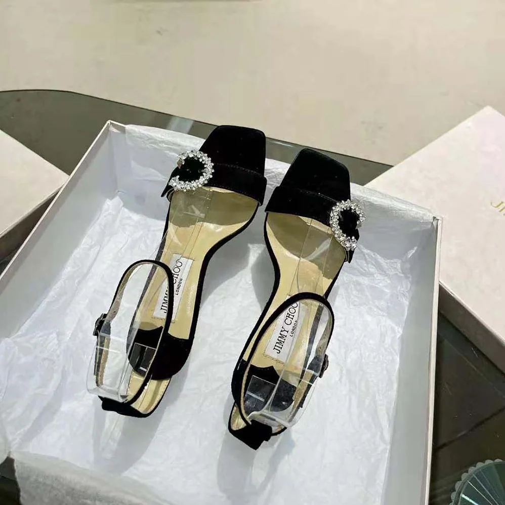 Jimmy Choo Marsai 90 Black Suede Sandals with Crystal Buckle for Women Jimmy Choo Marsai 90 Black Suede Sandals with Crystal Buckle for Women