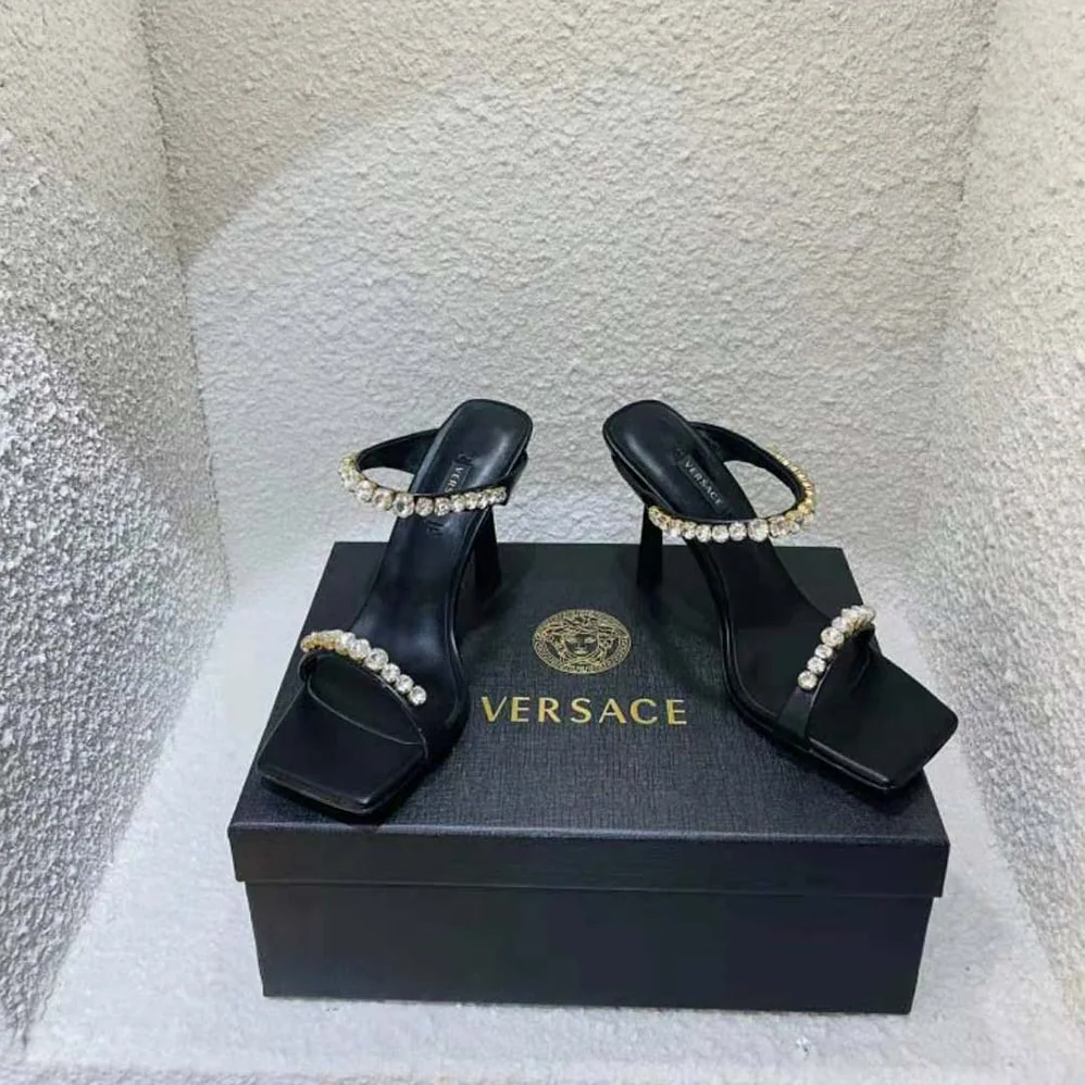 Versace Rhinestone Mules in 105mm Heel Hight for Women in Black Versace Rhinestone Mules in 105mm Heel Hight for Women in Black