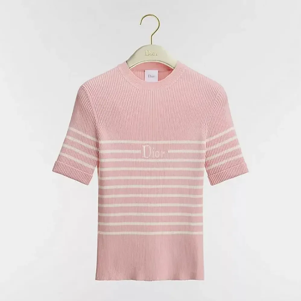 Dior Dioriviera Short-Sleeved Fitted Sweater White and Pink D for Women in Stripes Ribbed Cotton Knit Dior Dioriviera Short-Sleeved Fitted Sweater White and Pink D for Women in Stripes Ribbed Cotton Knit