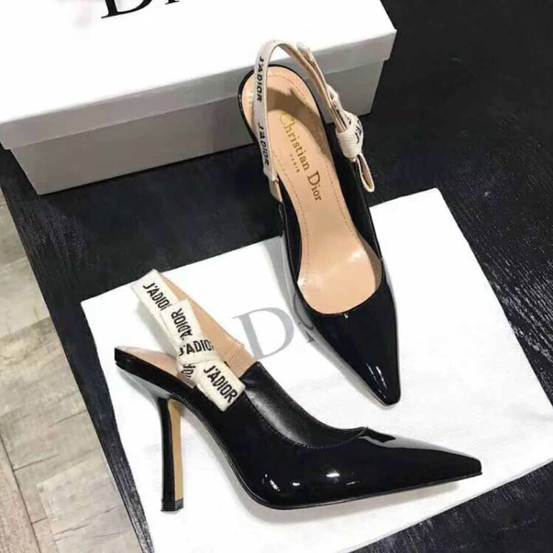 Dior Slingback Black Patent Calfskin Leather J'Adior Ribbon 10cm for Women