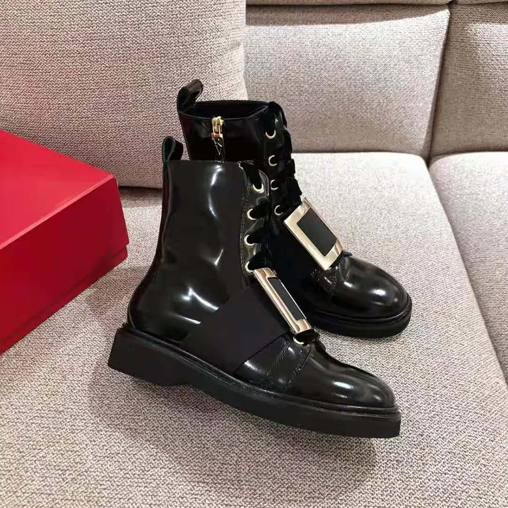 Roger Vivier Viv' Rangers Metal Buckle Ankle Boots in 1.5cm Heel for Women in Black