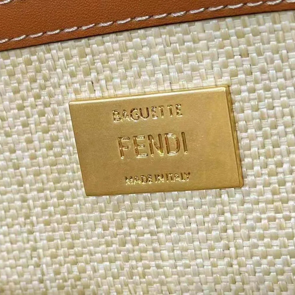 Fendi Baguette Natural Straw Bag with FF Embroidery for Women