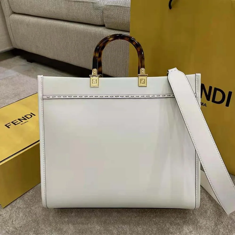 Fendi Sunshine Shopper Leather Shopper for Women in White