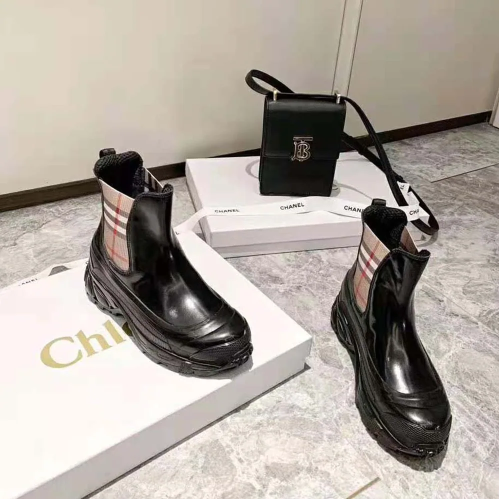 Burberry Vintage Check Detail Coated Canvas Chelsea Boots for Women in Black