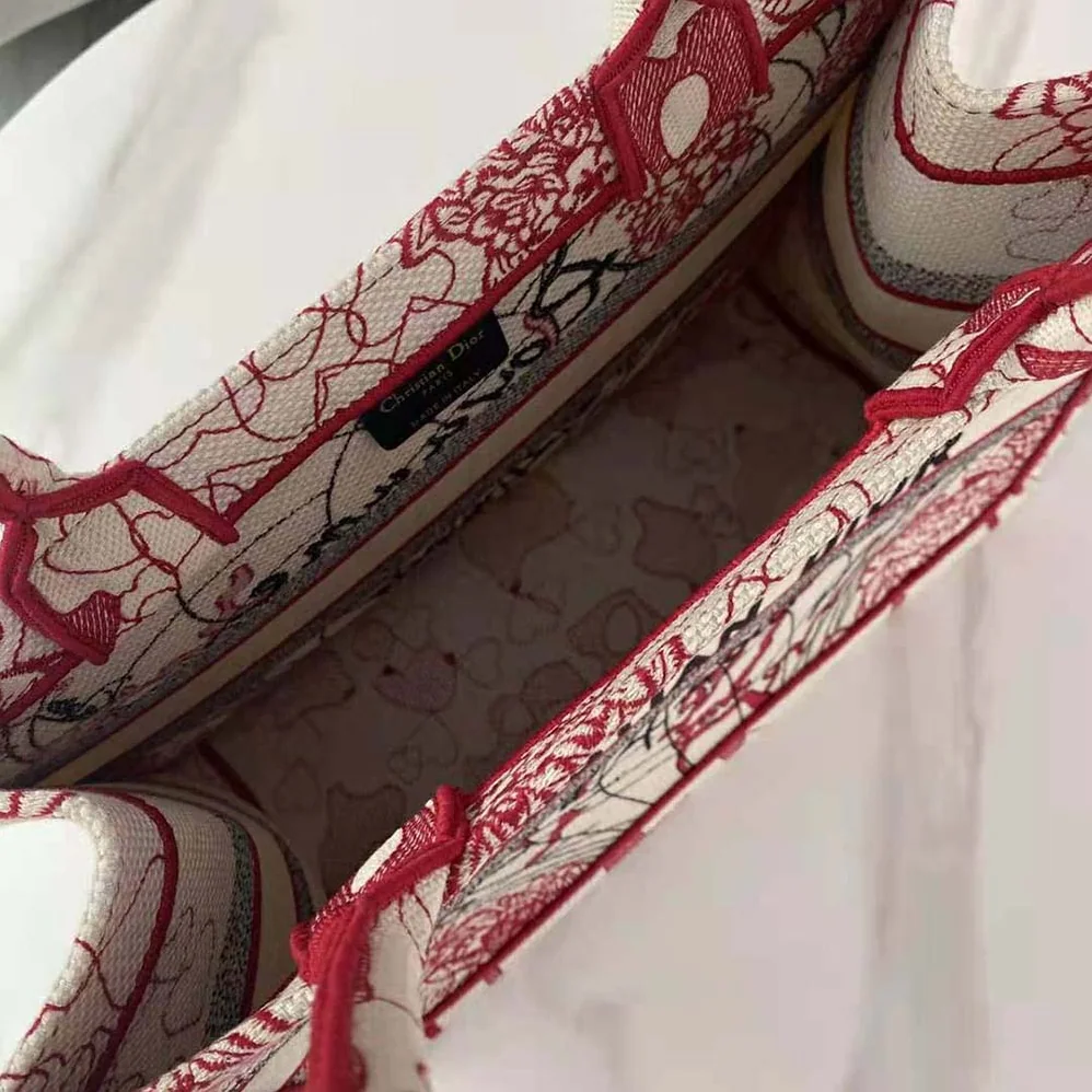 Dior Small Dior Book Tote Red and White D for Women in Royaume D Amour Embroidery