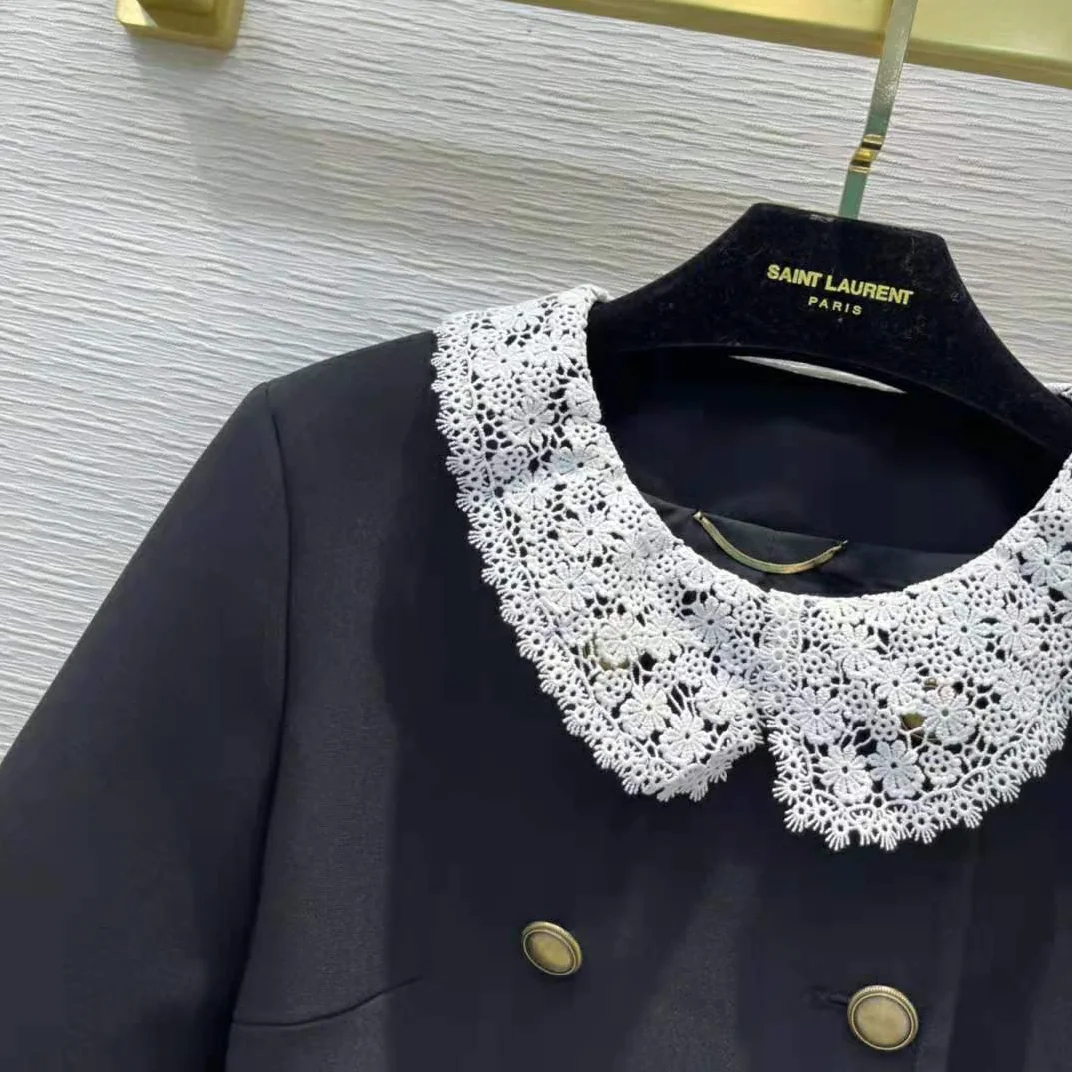 Saint Laurent YSL Short Jacket in Wool Twill with Floral Lace Embroidery for Women Saint Laurent YSL Short Jacket in Wool Twill with Floral Lace Embroidery for Women