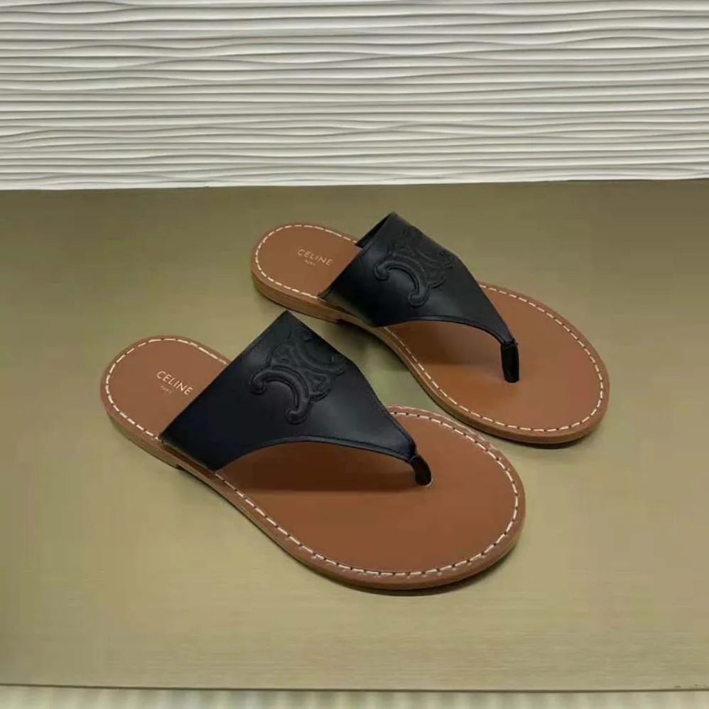 Celine Triomphe Flat Thong in Calfskin for Women in Black