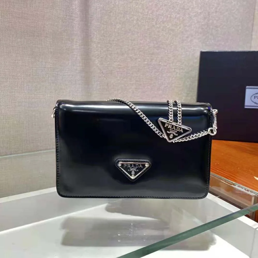 Prada Brushed Leather Shoulder Bag for Women in Black Prada Brushed Leather Shoulder Bag for Women in Black