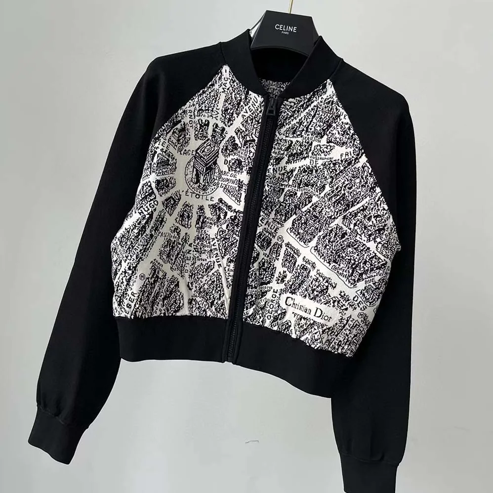 Dior Cropped Bomber Jacket Black and White Technical Taffeta Jacquard with Plan de Paris Motif for Women