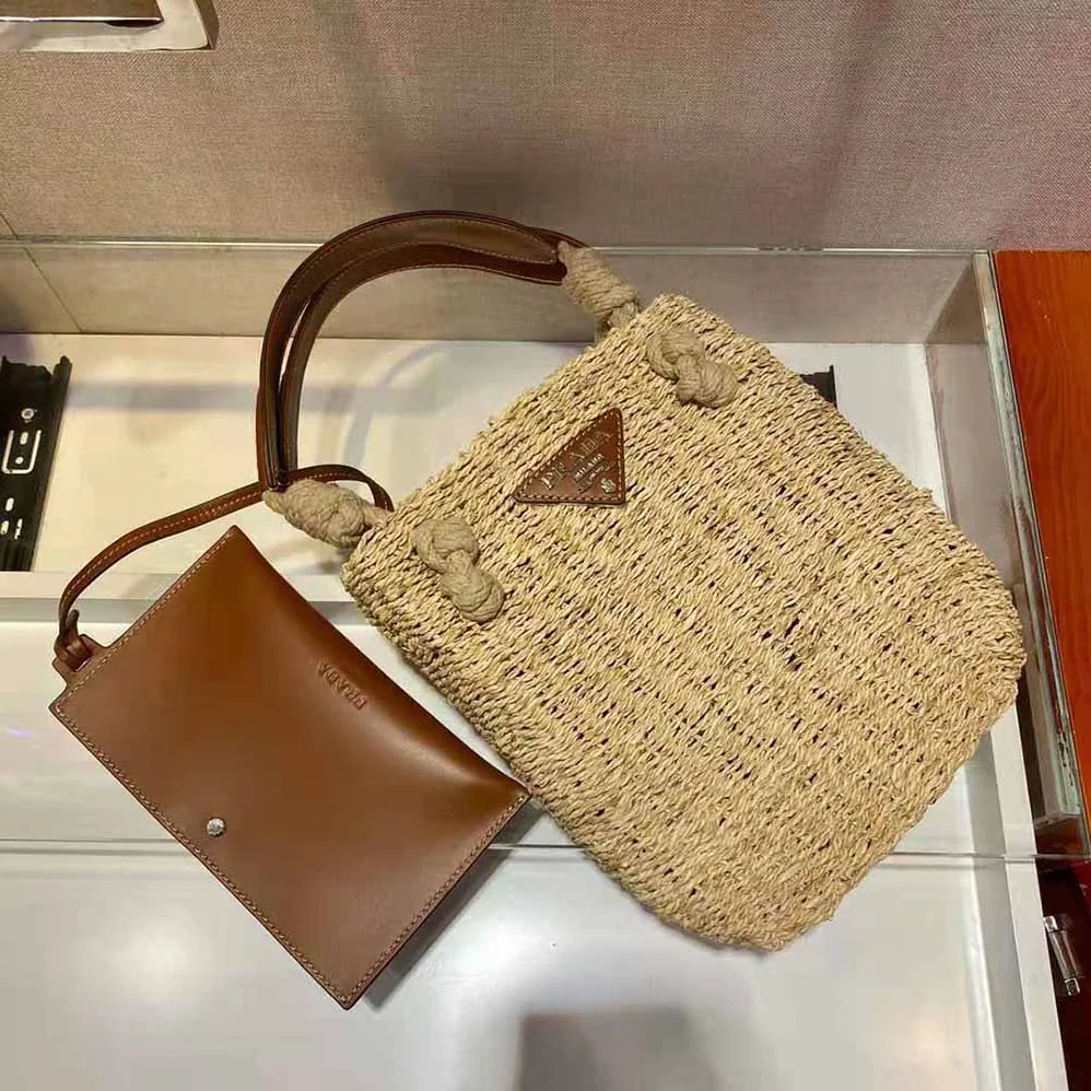 Prada Corn Husk and Leather Tote Handle Bag for Women Prada Corn Husk and Leather Tote Handle Bag for Women