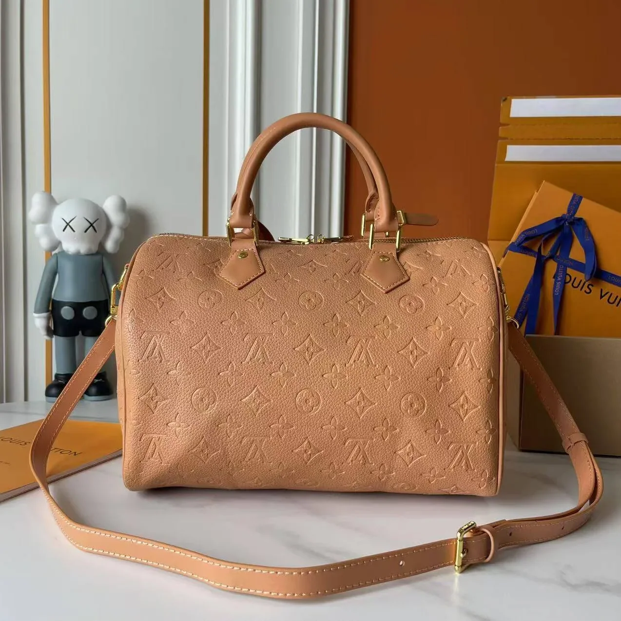 Louis Vuitton Speedy Soft 30 Top Handle Bag / Arizona Beige Monogram Empreinte Gold Hardware