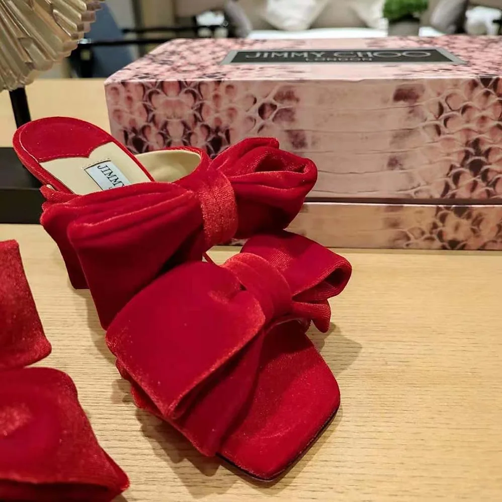 Jimmy Choo Flaca Sandal 100 Red Velvet Sandal with Bow for Women Jimmy Choo Flaca Sandal 100 Red Velvet Sandal with Bow for Women