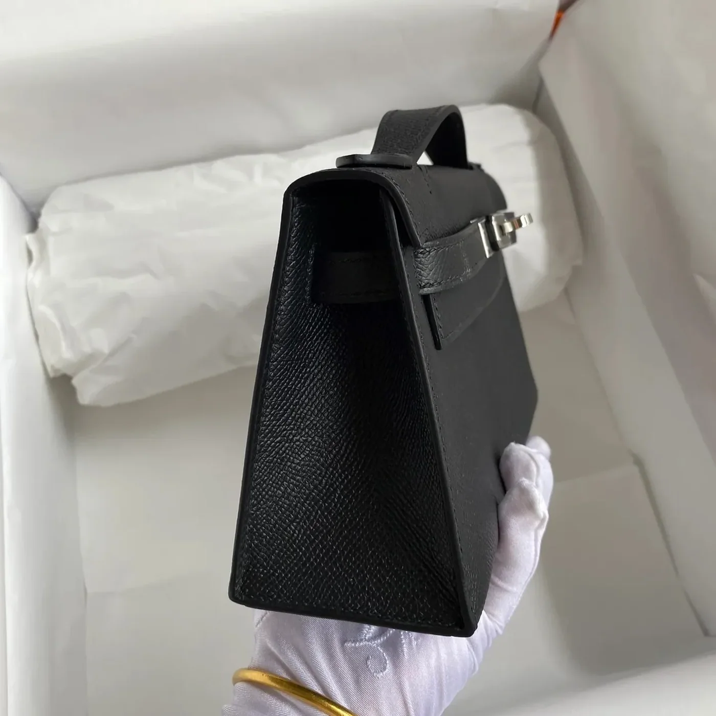 Hermes Kelly Pochette Top Handle Bag in Noir Epsom Palladium Hardware Hermes Kelly Pochette Top Handle Bag in Noir Epsom Palladium Hardware