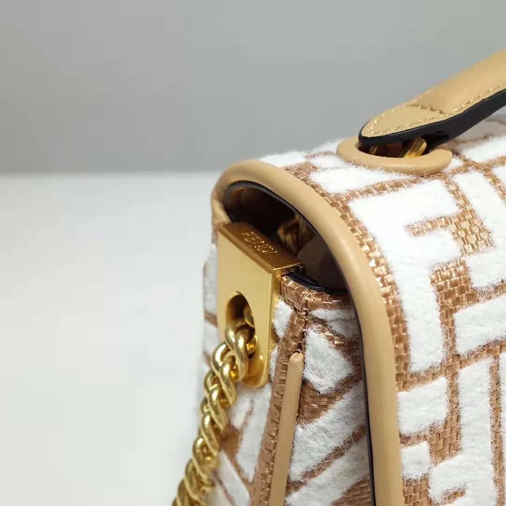 Fendi Baguette Chain Midi Raffia Bag with White Tapestry Fabric FF Motif for Women