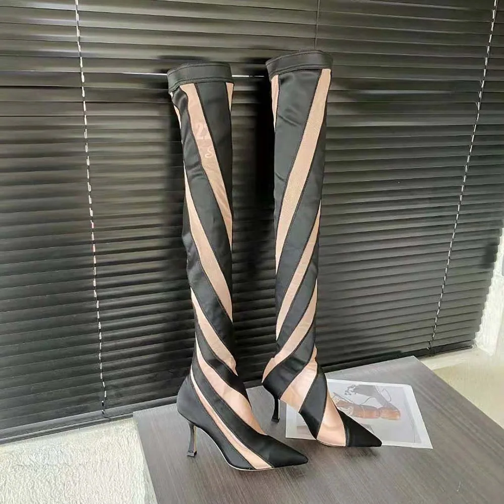 Jimmy Choo Mugler Sock OTK Boot Black and Nude Sheer Spiral Stretch Fabric Sock Over-The for Women in Knee Boots Jimmy Choo Mugler Sock OTK Boot Black and Nude Sheer Spiral Stretch Fabric Sock Over-The for Women in Knee Boots