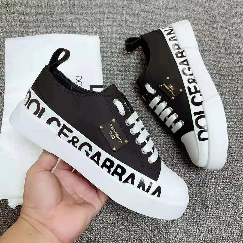 Dolce Gabbana D&G Calfskin Portofino Light Sneakers with Logo-Detailed Plate and Logo Print for Women in Black