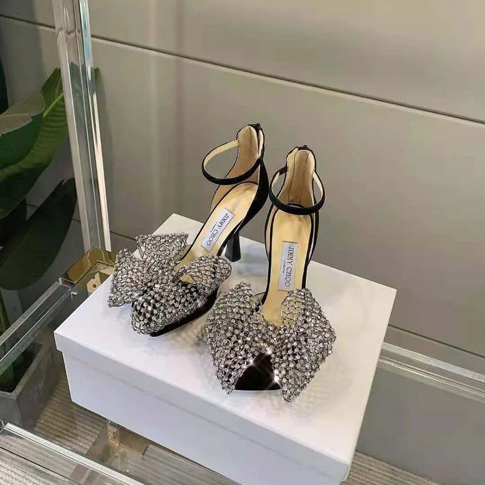 Jimmy Choo Mana 100 Black Suede Sandals with Crystal Bow Clasp for Women Jimmy Choo Mana 100 Black Suede Sandals with Crystal Bow Clasp for Women