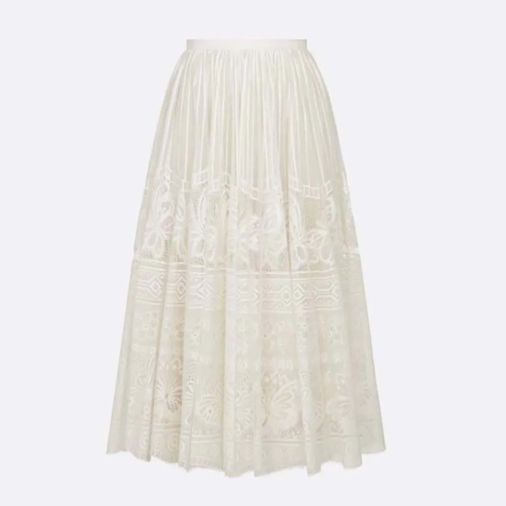 Dior Flared Mid-Length Skirt Ecru Technical Cotton Lace with D for Women in Lace Butterfly Motif Dior Flared Mid-Length Skirt Ecru Technical Cotton Lace with D for Women in Lace Butterfly Motif