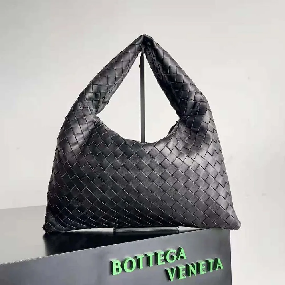 Bottega Veneta Small Hop with Intrecciato Craftsmanship in Calfskin Leather for Women in Black