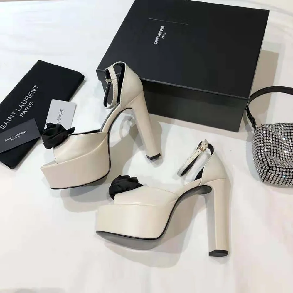 Saint Laurent YSL Jodie Platform Sandals in Smooth Leather with Silk Satin Flower for Women in White