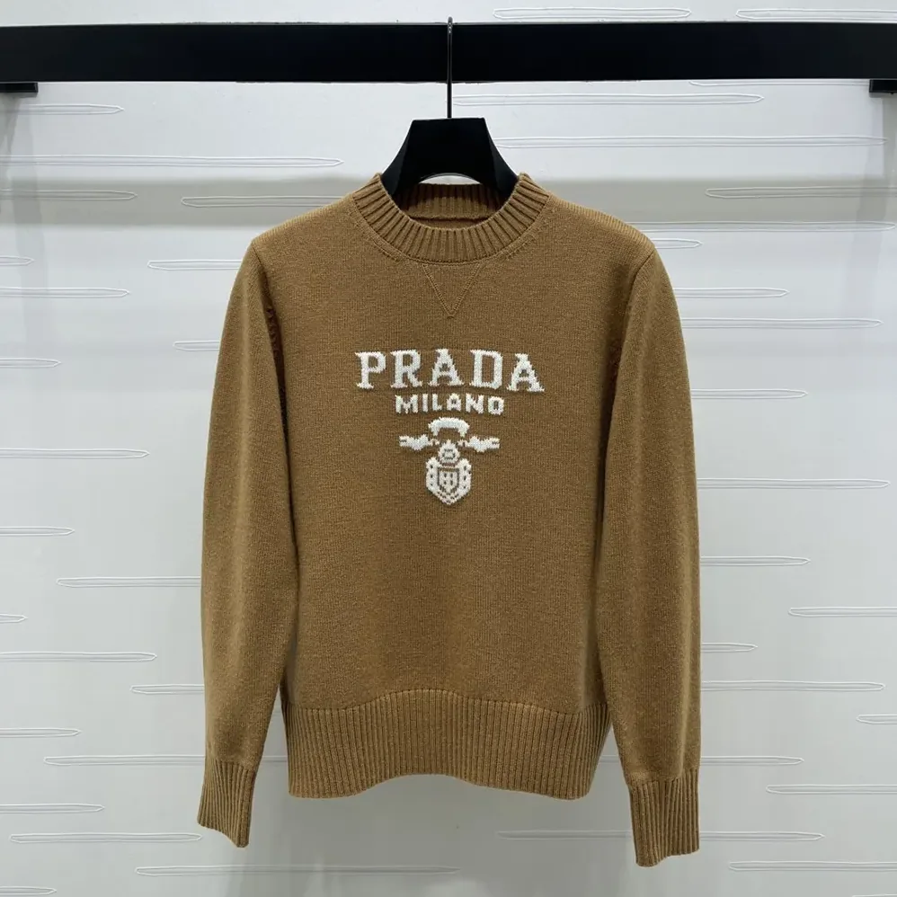 Prada Cashmere And Wool Prada Logo Crew-Neck Sweater for Women in Camel Brown