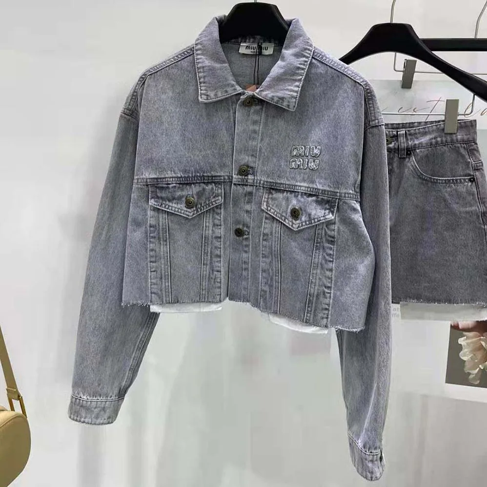 Miu Miu Denim Blouson Jacket with Embroidered Logo for Women